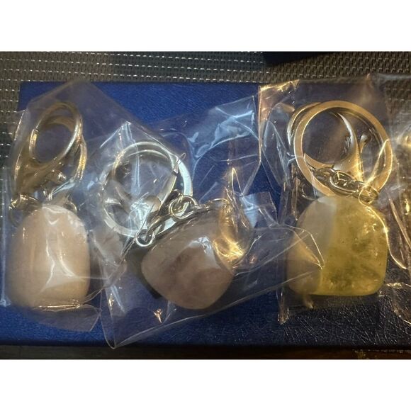 Lot Of 3 Gemstone Keychain Citrine Amethyst Rose Quartz Silver tone - Picture 1 of 5